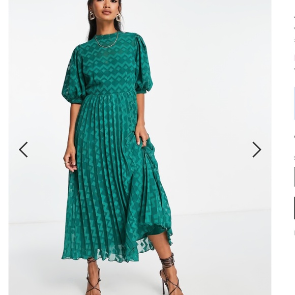 NWT ASOS DESIGN high neck pleated chevron textured midi dress with puff sleeves - Picture 3 of 16
